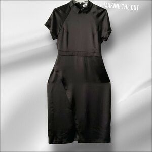Making the Cut Satin Black Midi‎ Asymmetrical Little Black Cocktail Dress SZ M